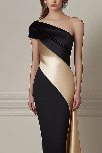 Formal Prom Dress One-Shoulder Champagne Black Color-block Floor-Length Dress