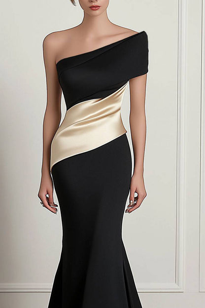 Formal Evening Dress One-Shoulder Color-block Mermaid Floor-Length Dress