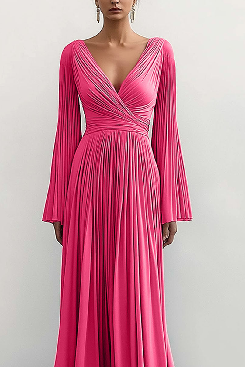 Elegant Prom Dress Deep V Long Sleeve Bell Sleeve Pleated Draped Floor-length Gown