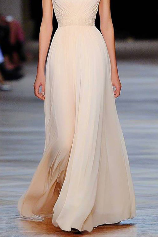 Evening Prom Beige Dress V-Neck Chiffon Pleated Floor-Length Dress