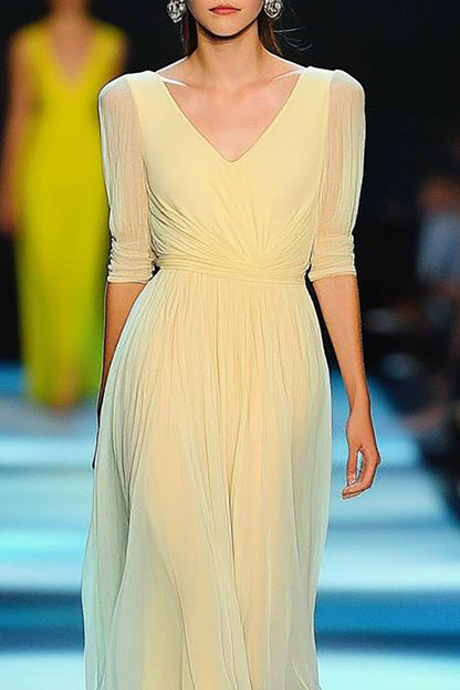 Evening Prom Chiffon Dress Light Yellow V-Neck Half Sleeve Floor-Length Dress