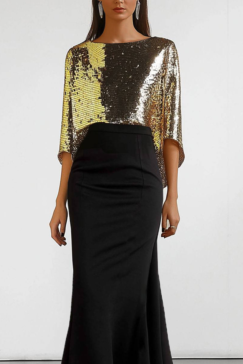 Ball Party Sequin Dress Cape Style Color Block Mermaid Maxi Dress