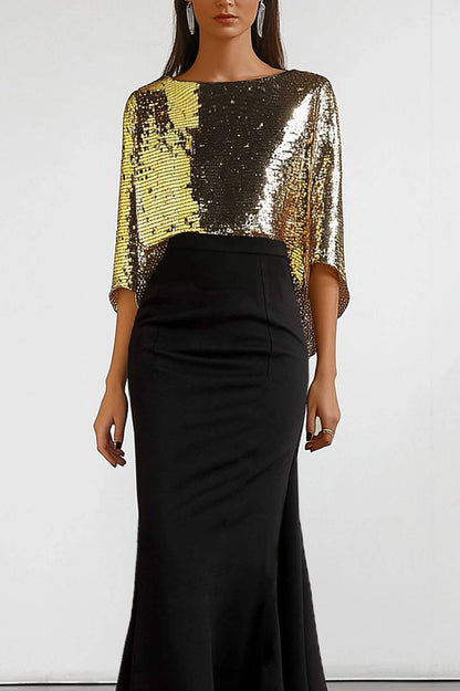 Ball Party Sequin Dress Cape Style Color Block Mermaid Maxi Dress