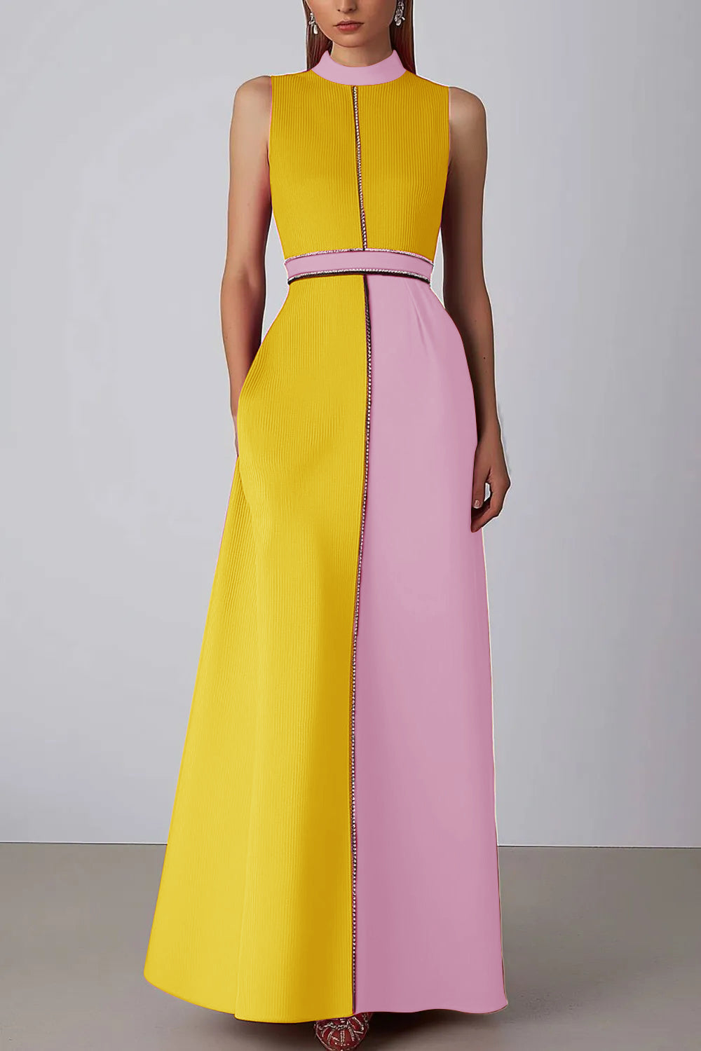 Elegant Pink Evening Formal H-Line Gown Ombre Crepe Black Trim Dress