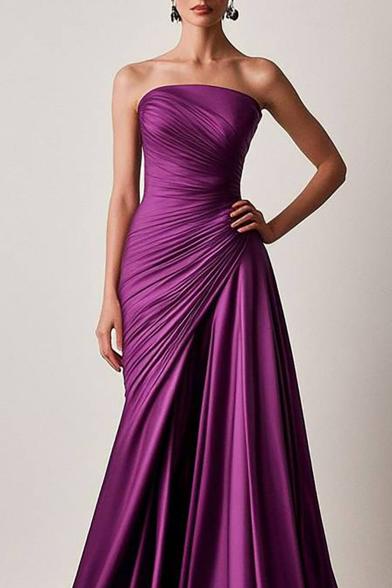 Formal Pleated Dress Purple Strapless Floor-Length Dress