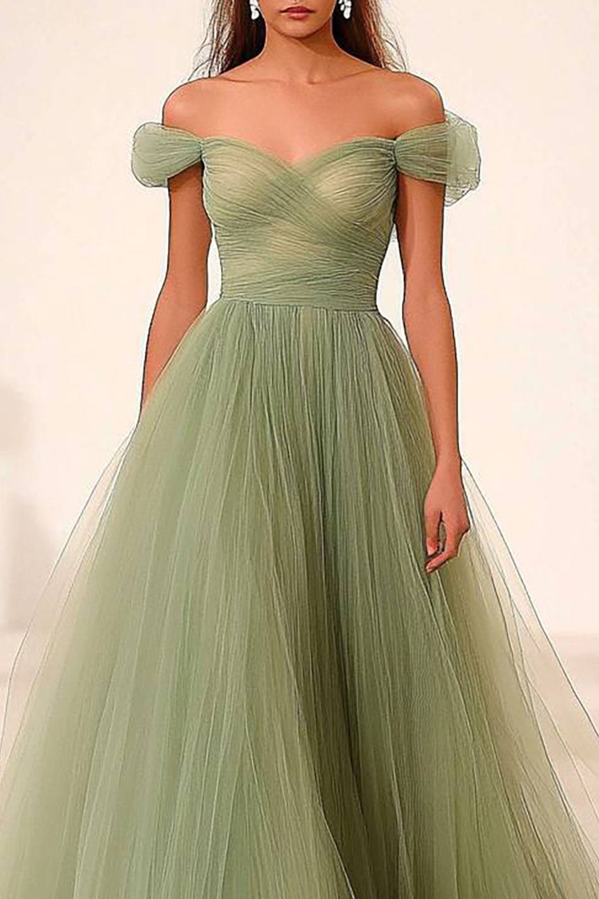 Formal Prom Mesh Dress Sage Green Off-Shoulder Pleated Maxi Dress