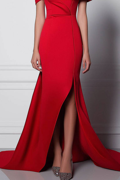 Formal Evening Red Dress One Shoulder Split Floor Length Dress