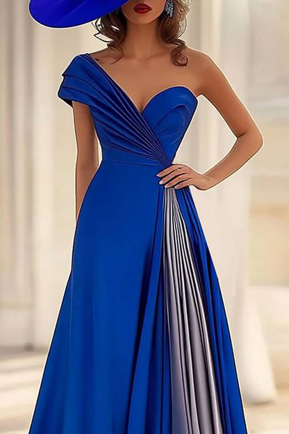 Evening Formal One-Shoulder Dress Pleated Color-block Maxi Dress