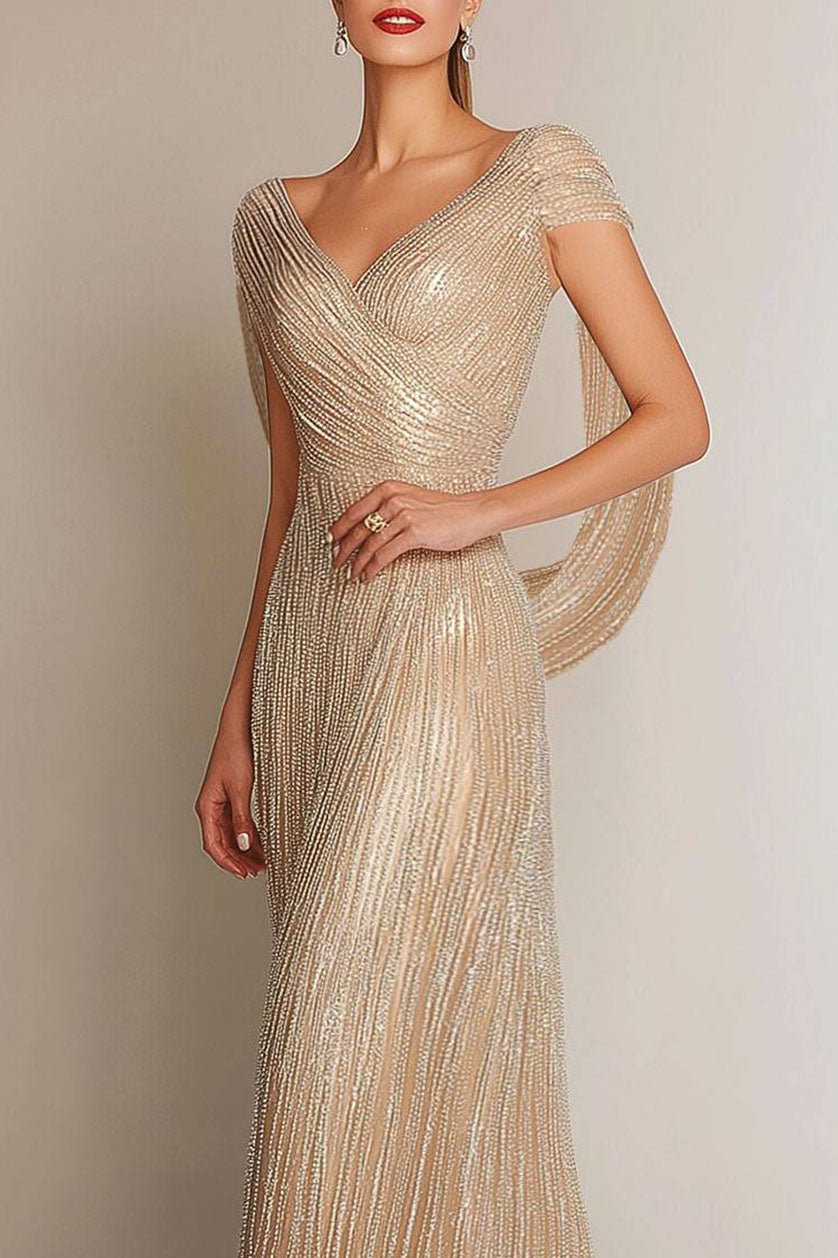 Formal Evening Gold Gown V-Neck Drop Floor-Length Dress