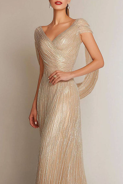 Formal Evening Gold Gown V-Neck Drop Floor-Length Dress