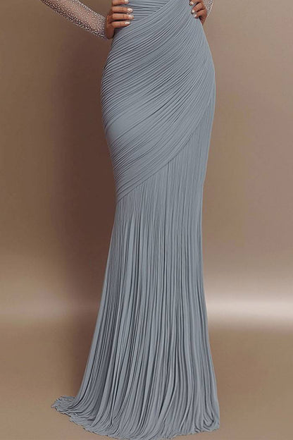 Evening Prom Gown Off Shoulder Glitter Pleated Light Blue Maxi Dress