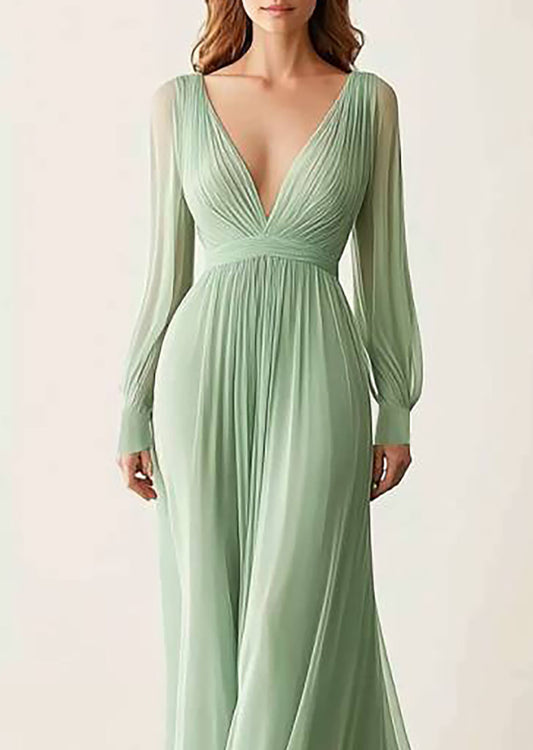 Formal Evening V-Neck Dress Green Long Sleeve Maxi Dress