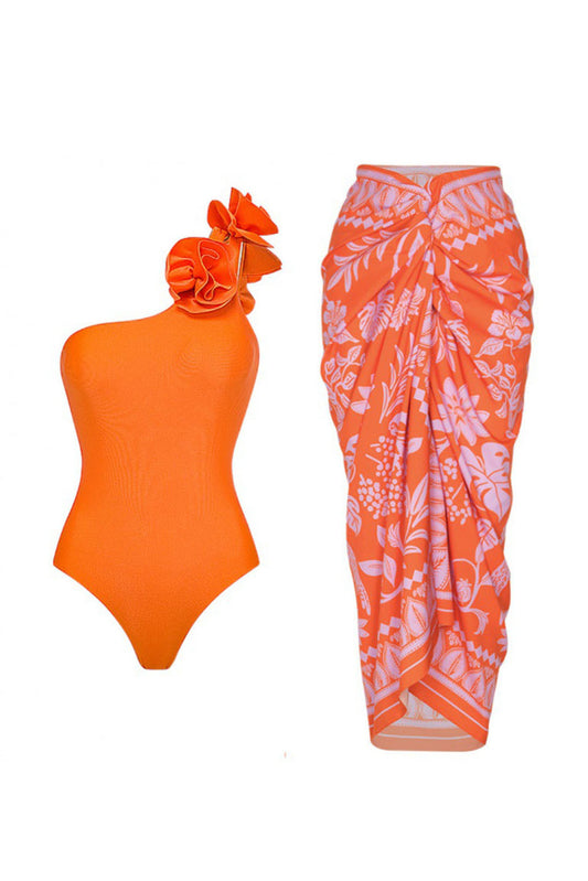 3D Flower Straps Orange One-Piece Swimsuit and Cover-Up