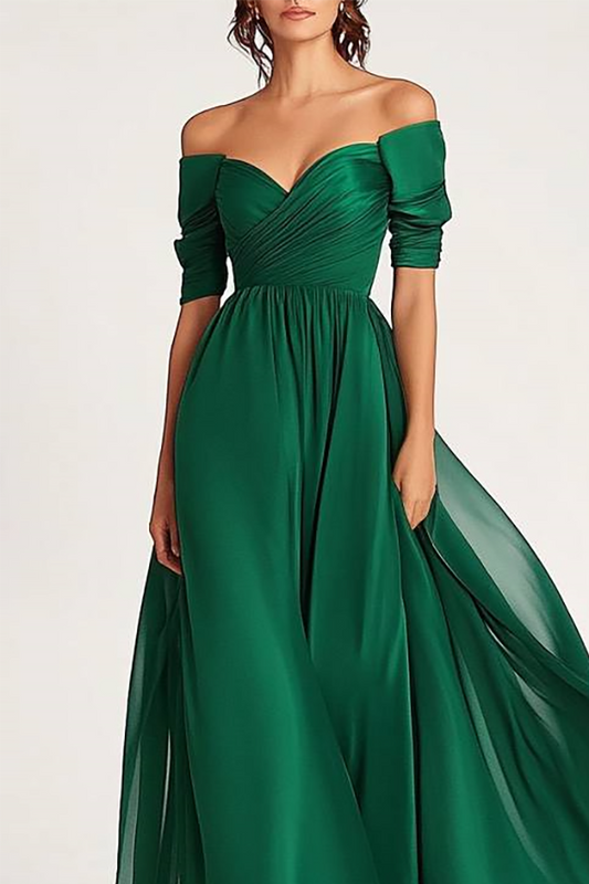 Formal Evening Gown Dark Green Off-Shoulder Chiffon Short Sleeve Maxi Dress