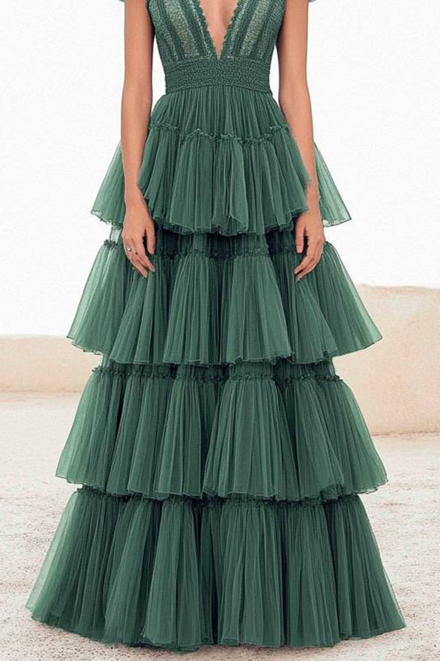 Evening Party Dress Green V-Neck Ruffle Multi-Layer Maxi Dress