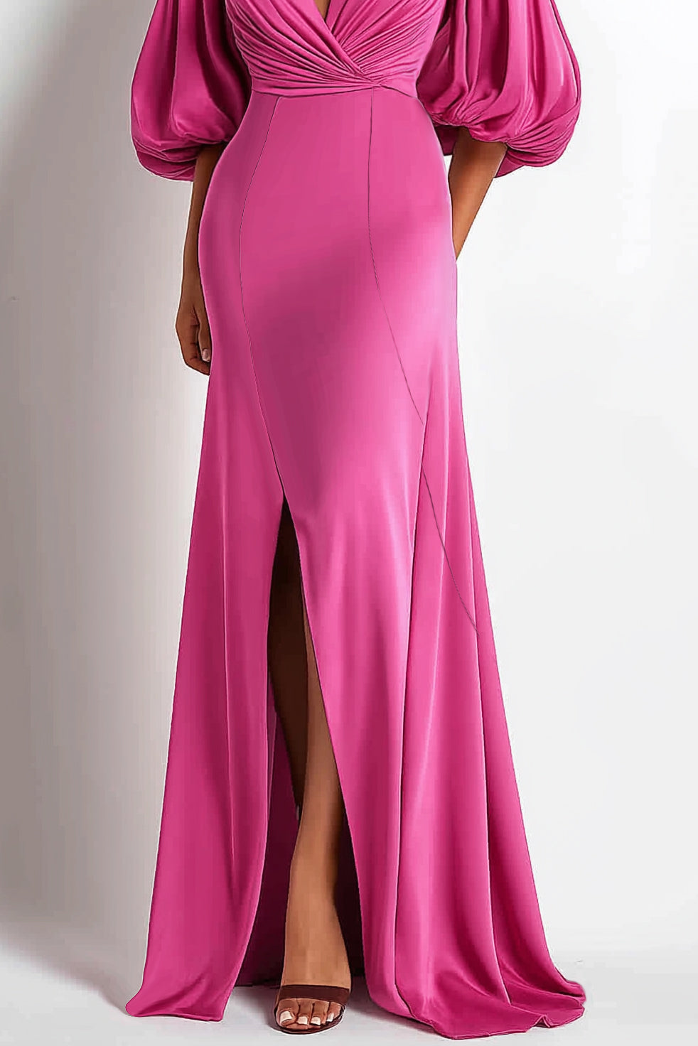 Formal Fuchsia Gown Deep V Bubble Sleeve Side Slit Floor-Length Dress