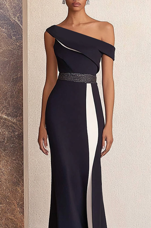 Formal Off-Shoulder Dress Black and White Colorblock Maxi Dress