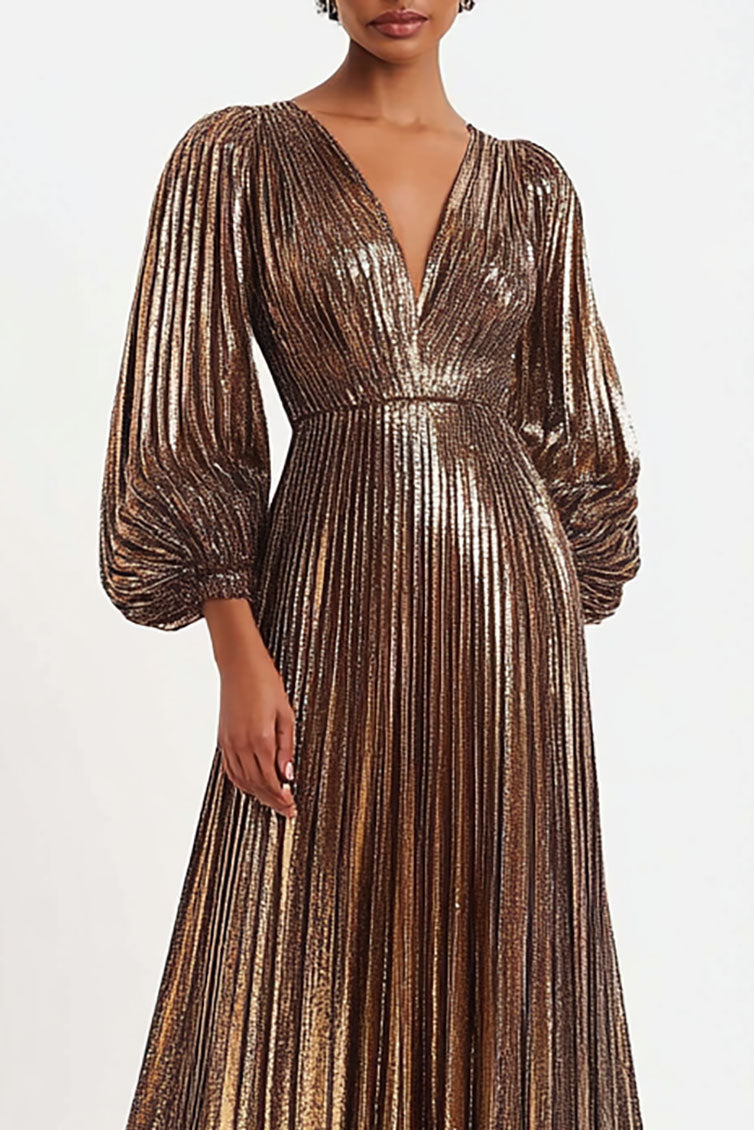 Elegant Pleated Metallic Dress Deep V Neck Puff Sleeve Maxi Dress Mother of the Bride Dress
