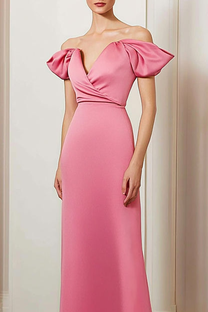 Formal Evening Dress Pink Off-Shoulder Puff Sleeve Floor-Length Dress