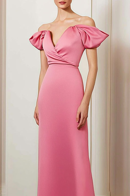 Formal Evening Dress Pink Off-Shoulder Puff Sleeve Floor-Length Dress
