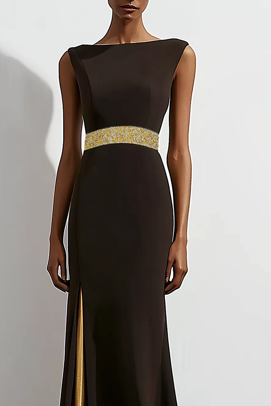 Formal Evening Dress Black Sleeveless Round Neck Floor-Length Dress