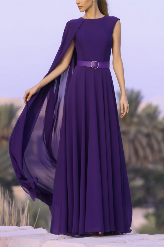 Evening Formal Cape Dress Purple Crew Neck Belted Floor-Length Dress