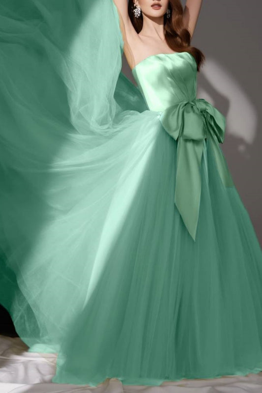 Evening Swing Satin Dress Green Strapless Mesh Floor-Length Dress