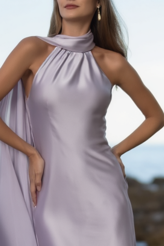 Formal Satin Dress Purple Cape Halter Neck Floor-Length Dress