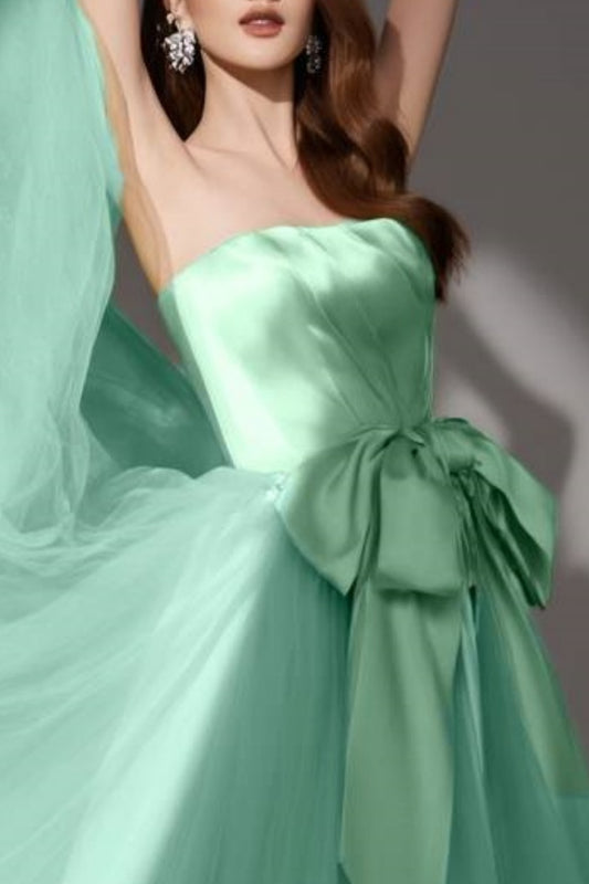 Evening Swing Satin Dress Green Strapless Mesh Floor-Length Dress