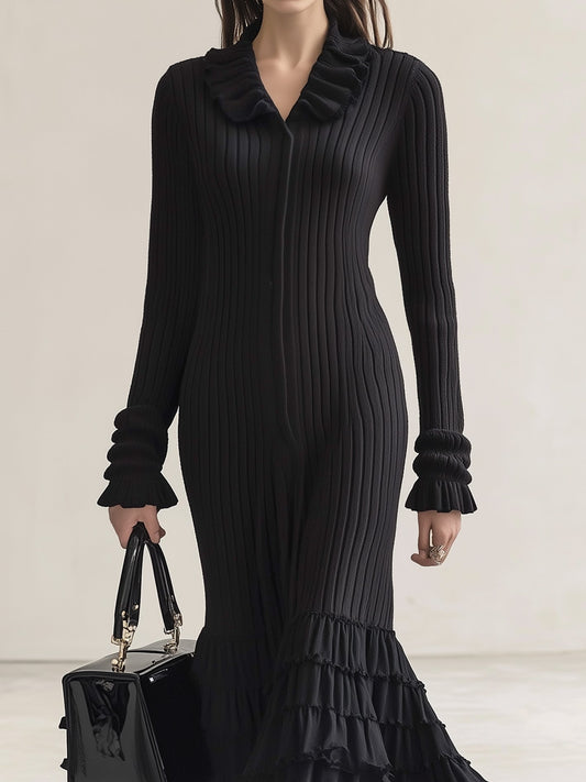 Elegant Black Knitted Dress With Ruffle Design