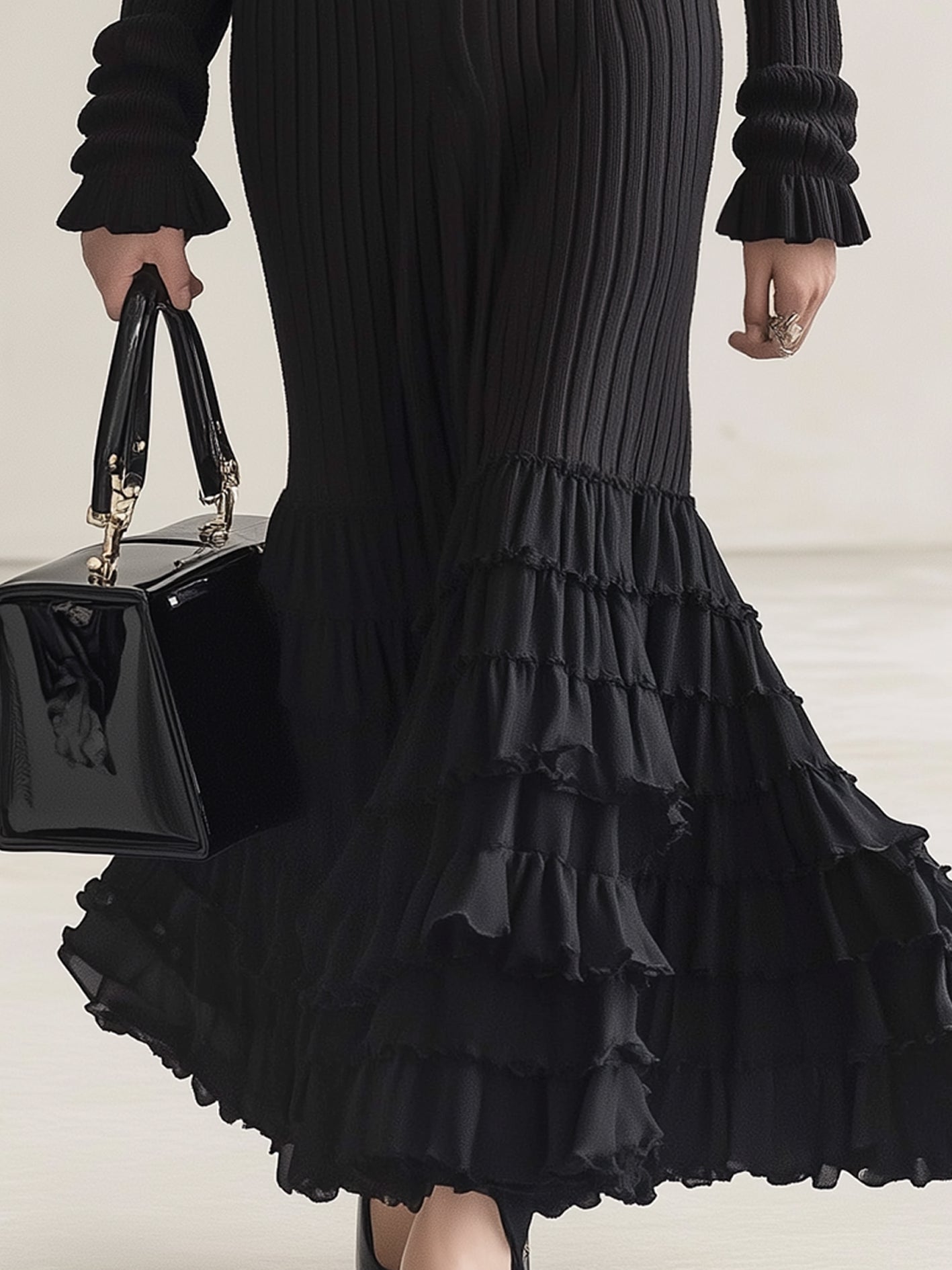 Elegant Black Knitted Dress With Ruffle Design
