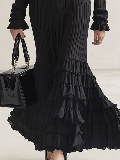 Elegant Black Knitted Dress With Ruffle Design