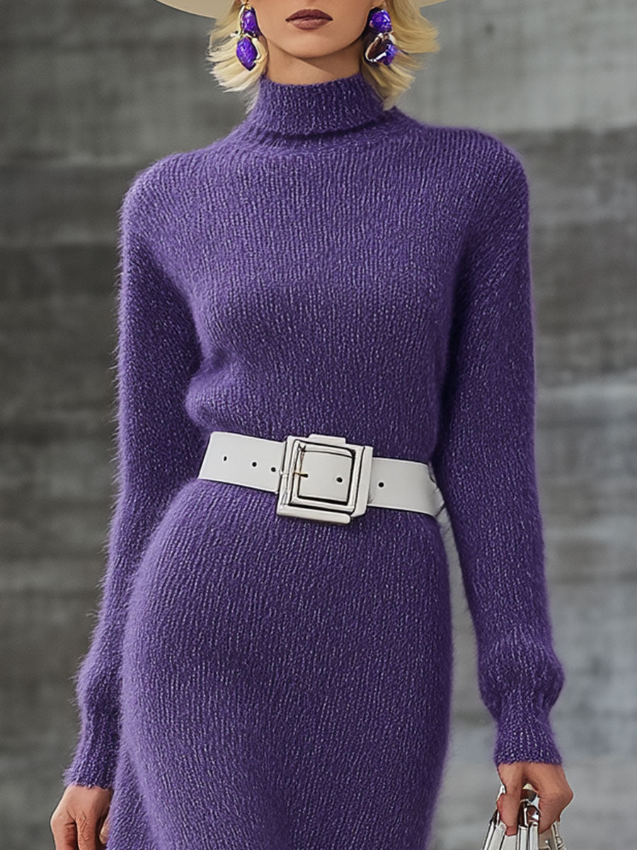 Fashionable Long-Sleeved Knitted Purple Midi Dress