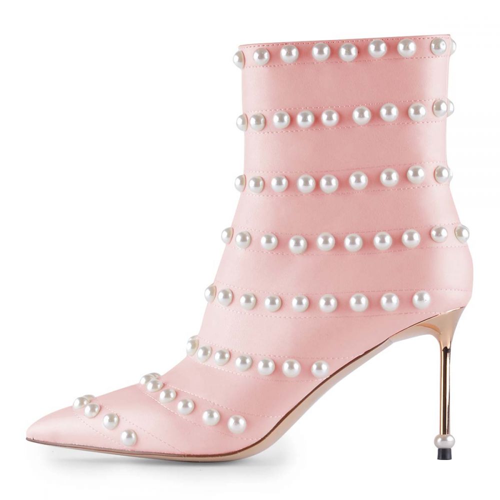 Elegant Pink Pointed Toe Pearl Embellished Heeled Ankle Boots