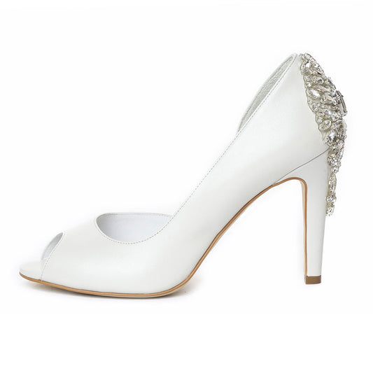Elegant White Vegan Leather Peep Toe Rhinestone Decor Wedding Heels