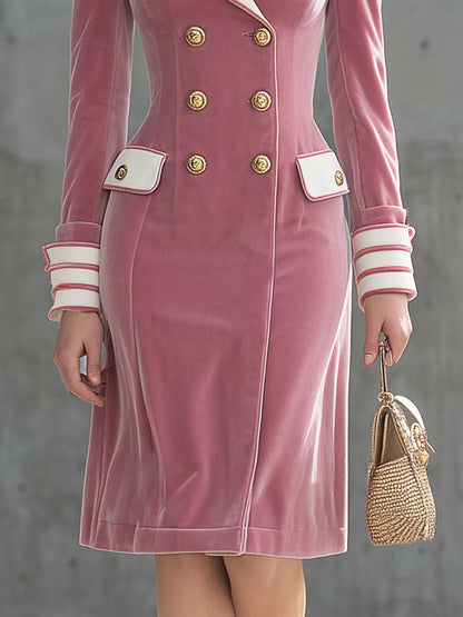 Elegant Vintage Exquisite Contrast Lapel Double-breasted Light Pink Velvet Midi Dress
