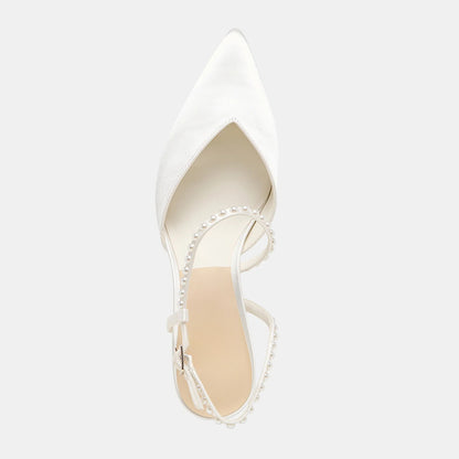 Elegant White Satin Pointed Toe Pearl Ankle Strap Wedding Heels
