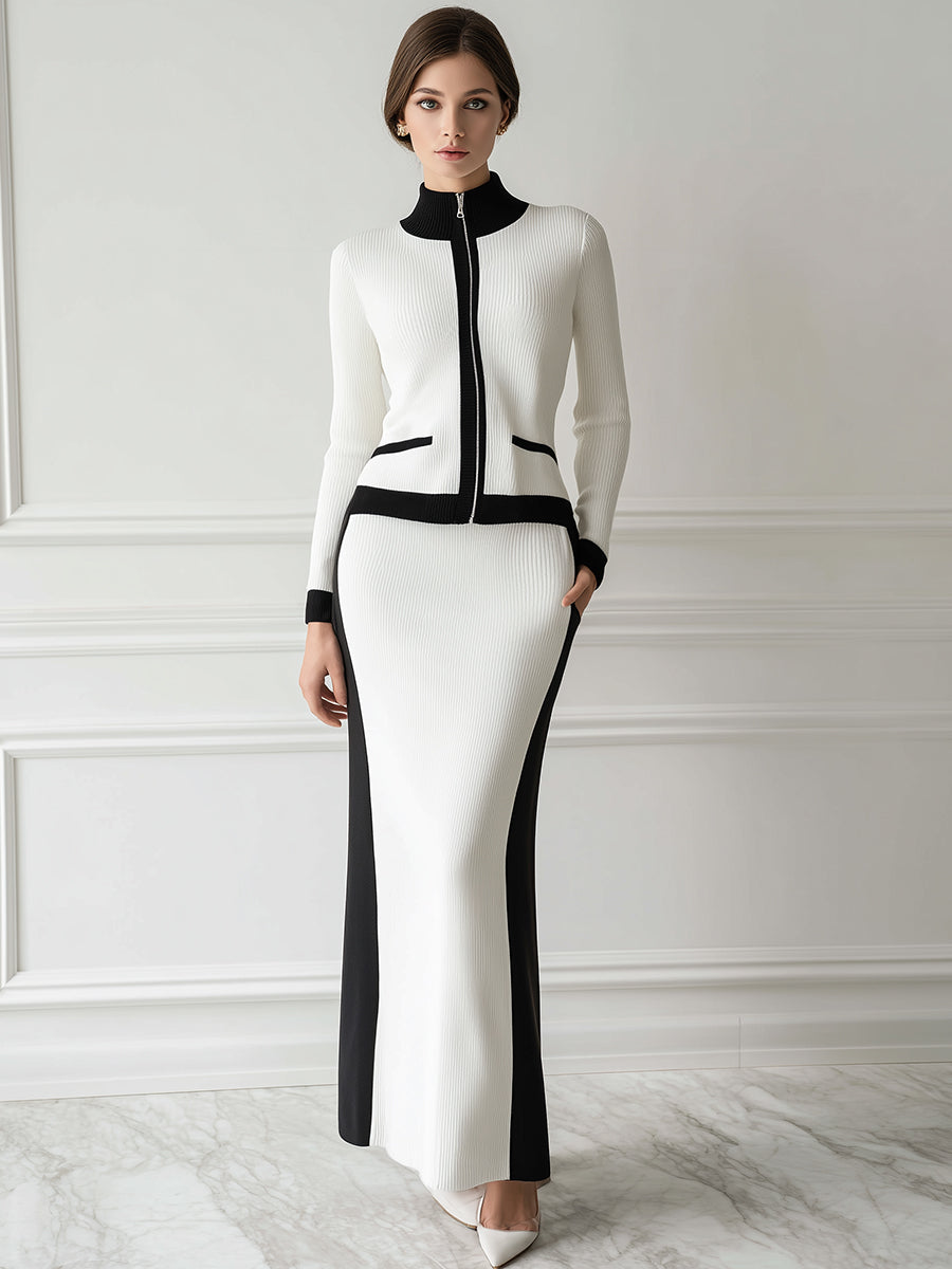 Fashionable Workplace Black Trim White Knitted Cardigan Skirt Set