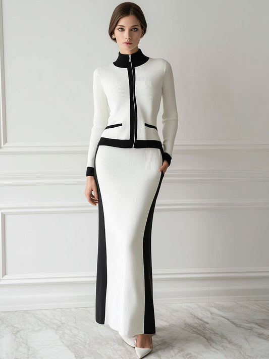 Fashionable Workplace Black Trim White Knitted Cardigan Skirt Set