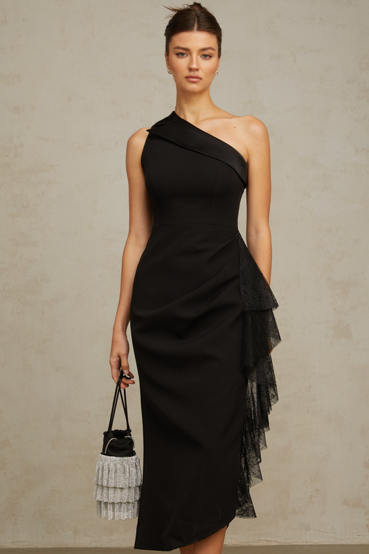 Bernadette black lace-panell asymmetrical midi dress