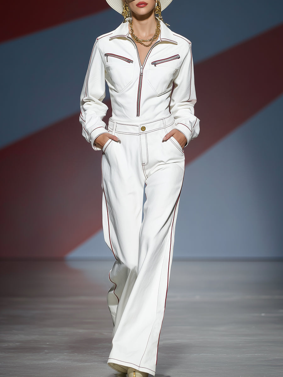Fashionable Casual Red Trim Zipper Lapel White Trousers Set