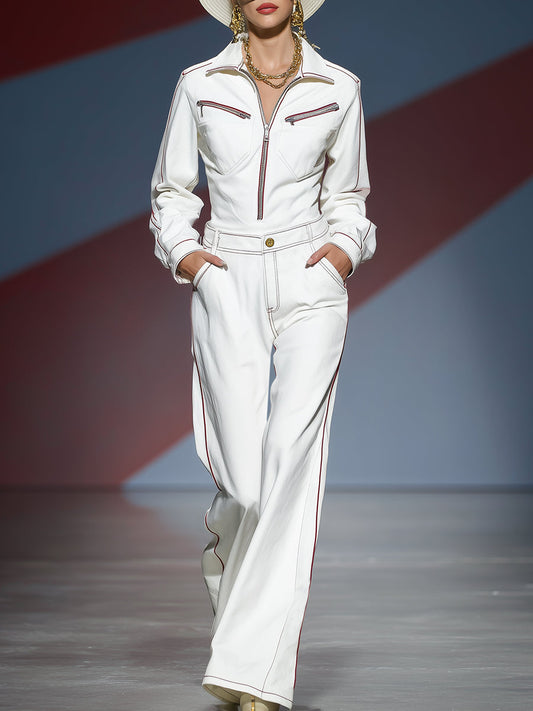 Fashionable Casual Red Trim Zipper Lapel White Trousers Set
