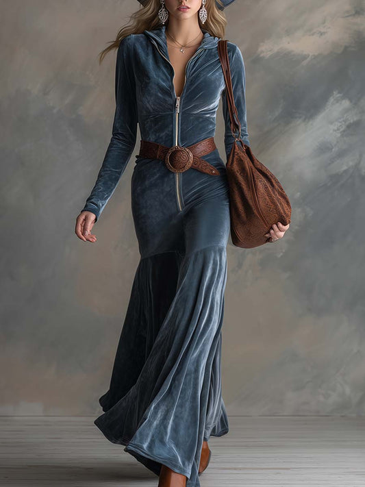 Elegant Haze Blue Hooded Front Zipper Waistband Long Sleeve Wide Leg Jumpsuit