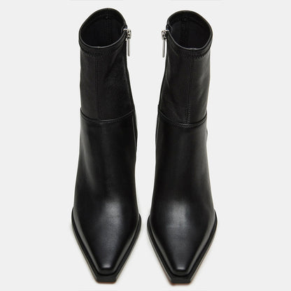 Elegant Black Pointed Toe Spool Heel Ankle Boots with Side Zipper