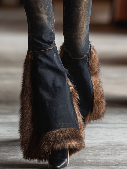 Fashionable Vintage Fur Trim Distressed Black Flared Jeans