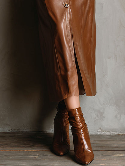 Front Button High-Waisted Brown Eco Leather Midi Skirt  With Pockets