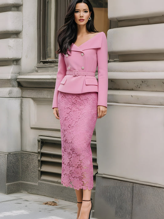 Double-Breasted Blazer With Lace Pencil Skirt Set