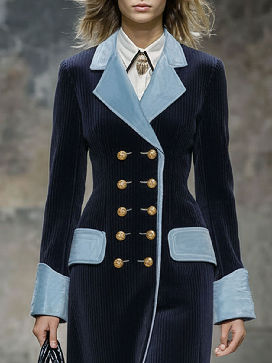 Fashion Retro Blue Velvet Stitching Navy Blue Corduroy Long Coat