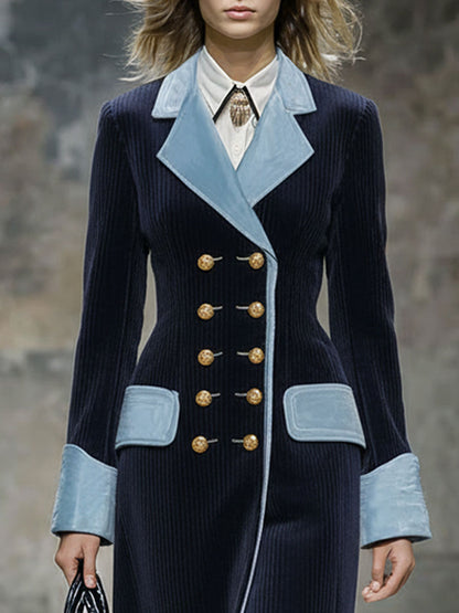 Fashion Retro Blue Velvet Stitching Navy Blue Corduroy Long Coat