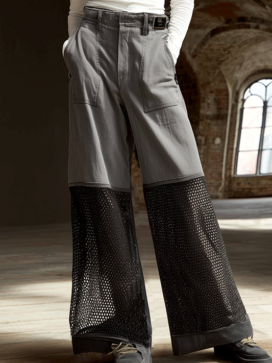 Fashionable Street Gray Denim And Mesh Straight Jeans
